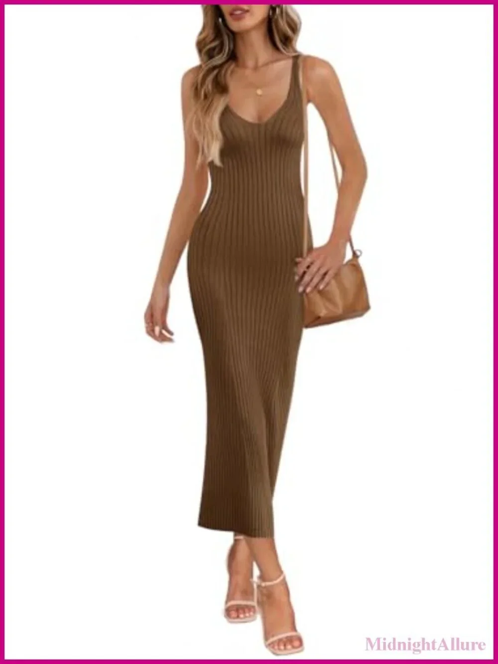 Ribbed Knit Bodycon Midi Dress, Deep V Neck Sleeveless Tank, Stretchy Maternity